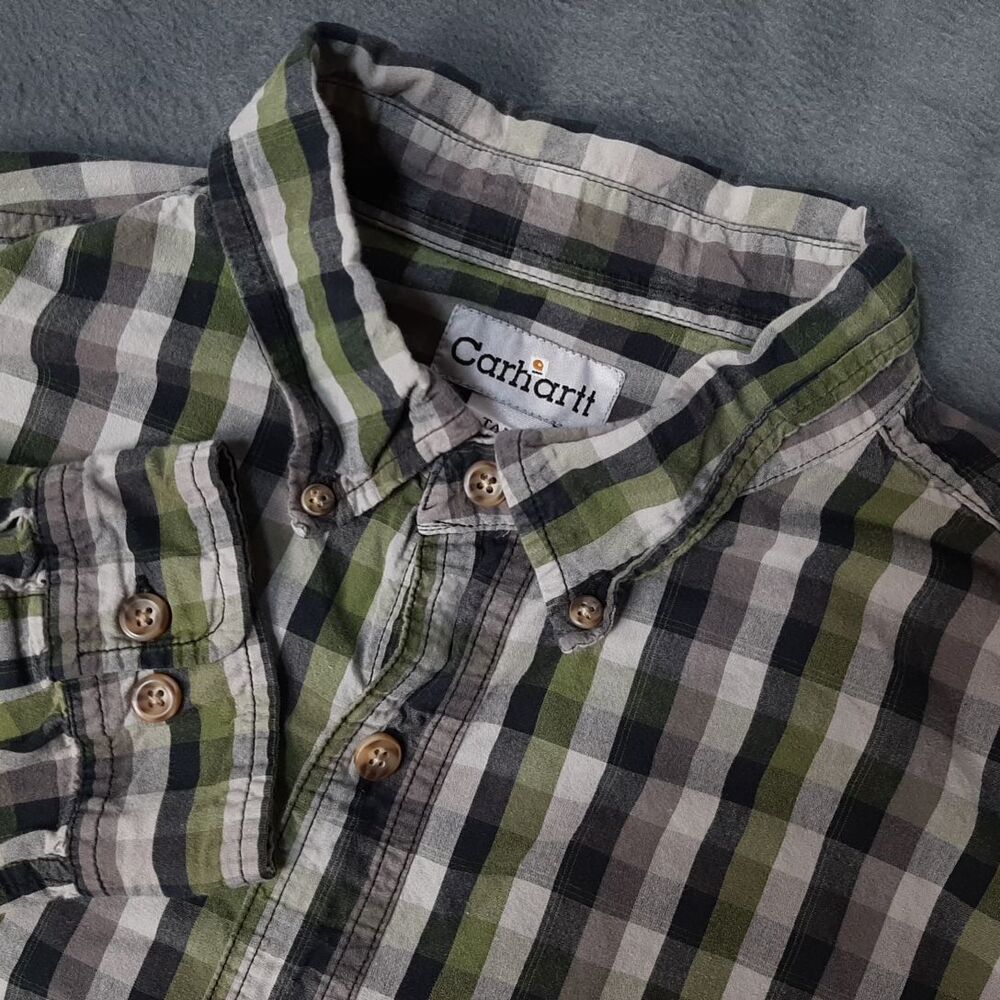 Carhartt Shirt Mens Extra Large Tall Green Gray Black Check Plaid Button Down